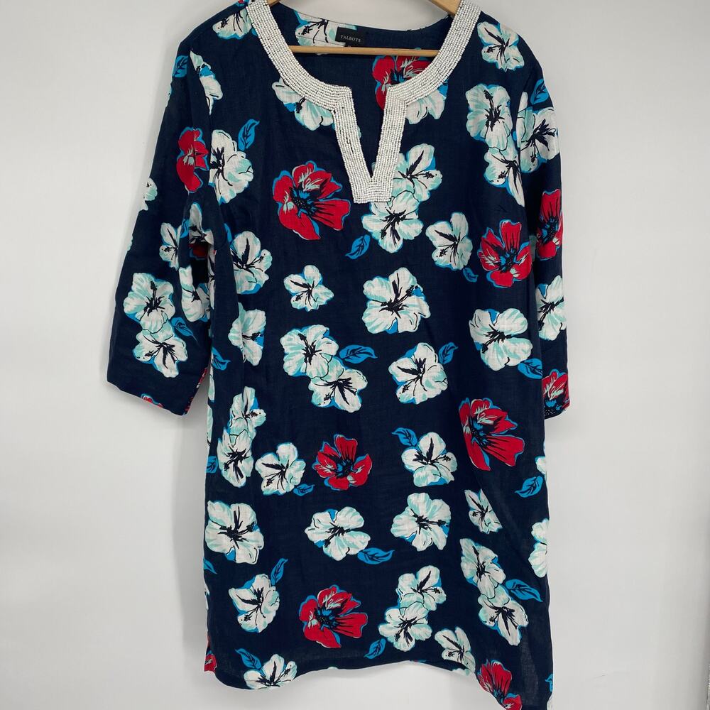 Talbots Dress Women’s XL Linen Tunic Floral Beaded Collar Coastal Resortwear